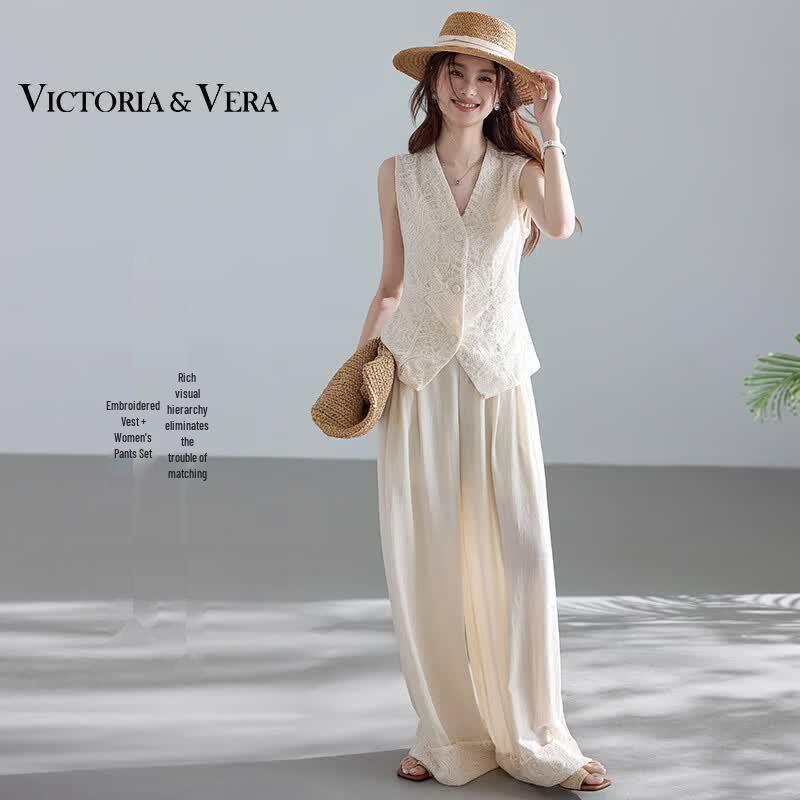 

Lace Embroidered Vest & Wide-Leg Pants Set M