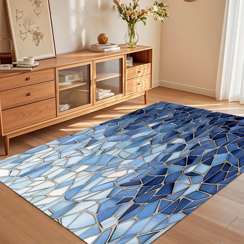 Blue Mosaic Area Rug Non Slip Washable Floor Carpet for Living Room Bedroom Entryway with Irregular Tile Pattern