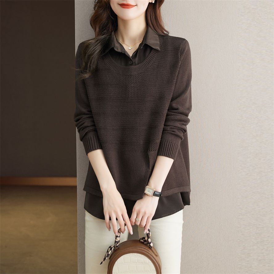 Korean Fake Two-piece Shirt Knitted Women's Spring Autumn Fashion Loose Sweater Bottoming Shirt Female Knitwear Tops