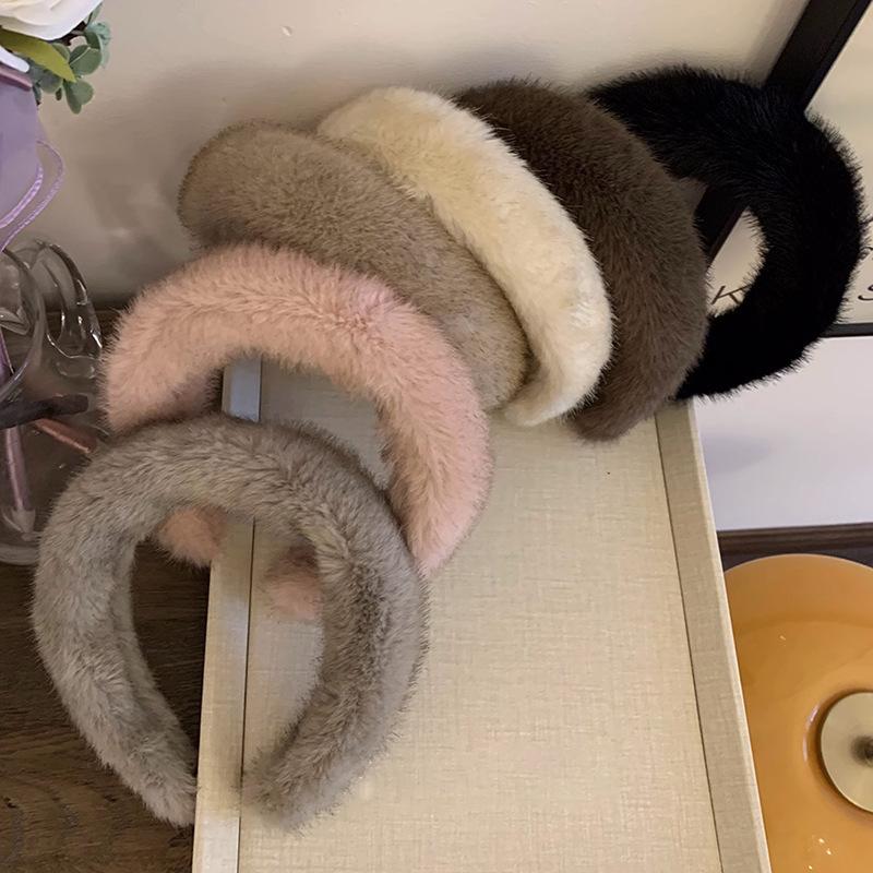 Trendy Women Faux Fur Hairbands Soft Plush Hair Hoop Solid Color Wide Headband Female Lady Hair Accessories Winter