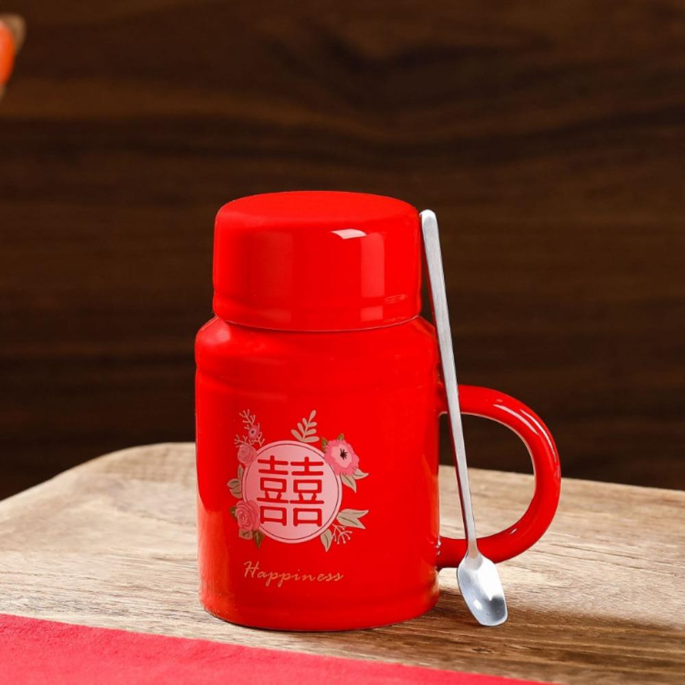 Vintage Double Happiness Kettle Mug with Lid Spoon Girls Ceramic Mug with Gift Box Packed Red Red Gift Box 301-400ml
