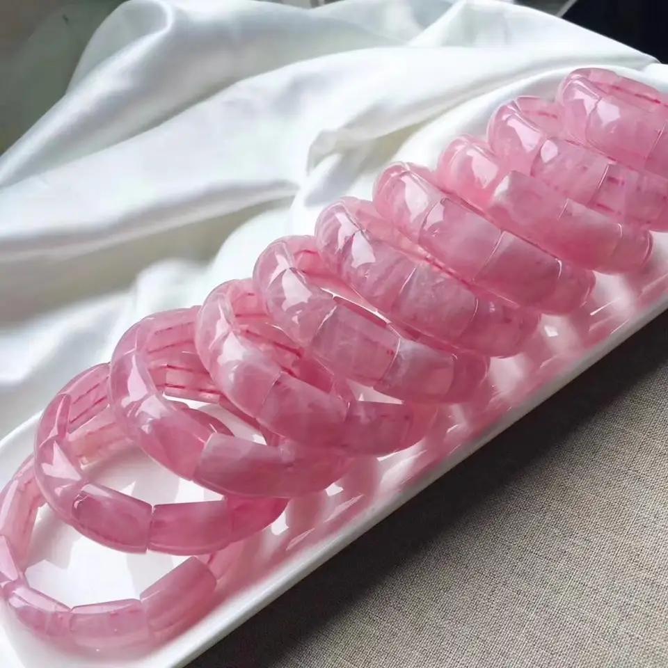 Natural Rose Quartz Pink Bangle Bracelet for Woman Lady Beads TRENDY Madagascar Stretch Anniversary 15mm Clear Crystal AAAAA