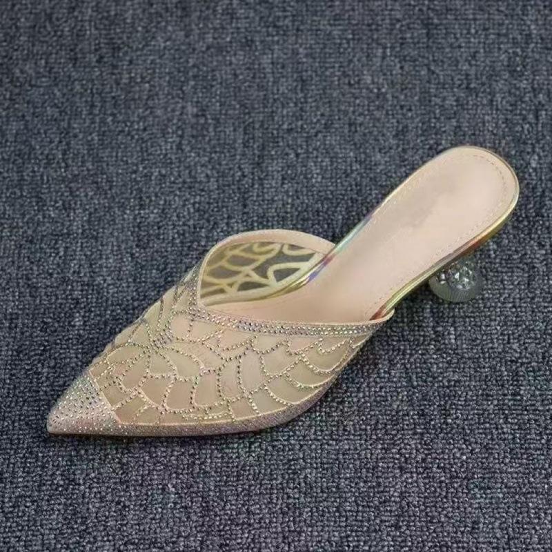 

Полушлепанцы баотоу со стразами женские на тонком каблуке летние новые туфли на высоком каблуке хрустальный каблук с вырезами без пятки 40 золотой