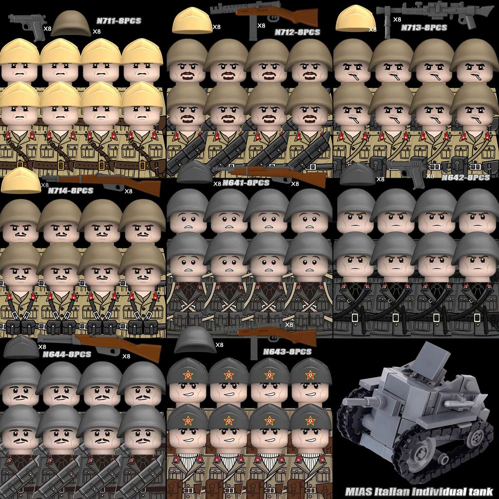 MOC WK2 Italienische Soldaten Figuren Bausteine Italien Armee Infanterie Offizier Waffen Pistole Umhang Helme Panzerkanone Steine Spielzeug