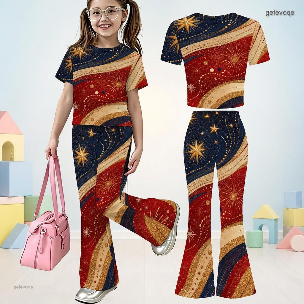 Girls White Round Neck Short Sleeve Star Printed Top Flared Pants Two Piece Set