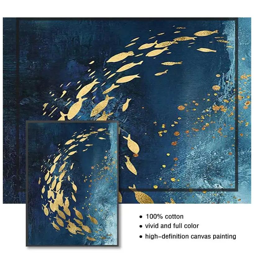Painting Big Blue Poster Print Luxurious Wall Art For Living Room Aisle Gold Tableaux Picture Abstract Gold Fish Chinese Canvas