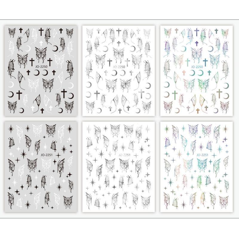

Internet Hot Silver Melt Liquid Butterfly Nail Sticker Japanese Style Hand Drawn Cut Out Black and White Butterfly Wings Adhesive Backing Stickers [2250-2251] A set of six