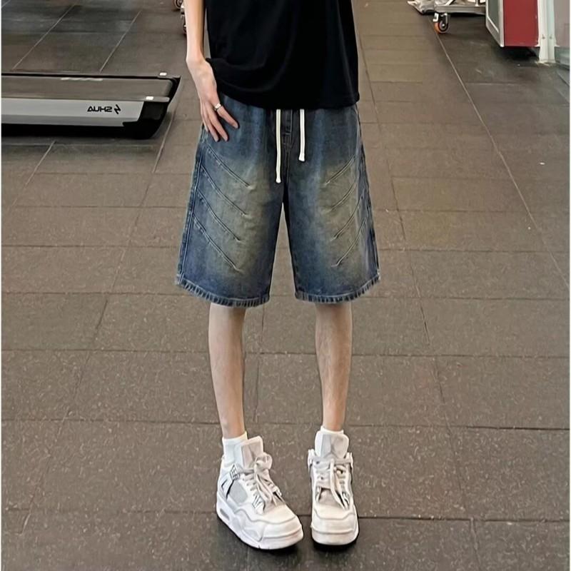 Unisex Washed Denim Shorts Loose Fit Mid-Rise Zip Fly Casual Five-Point Pants Cotton
