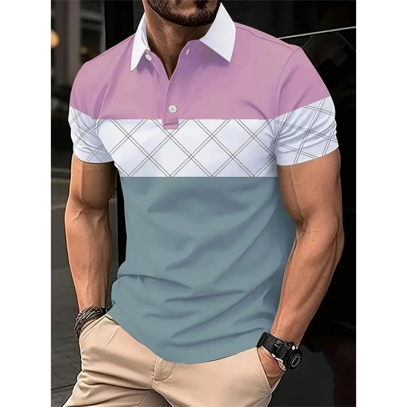 Men's Plaid Print Polo Shirt Short Sleeve Turn Down Collar Button Down Casual Golf Shirt