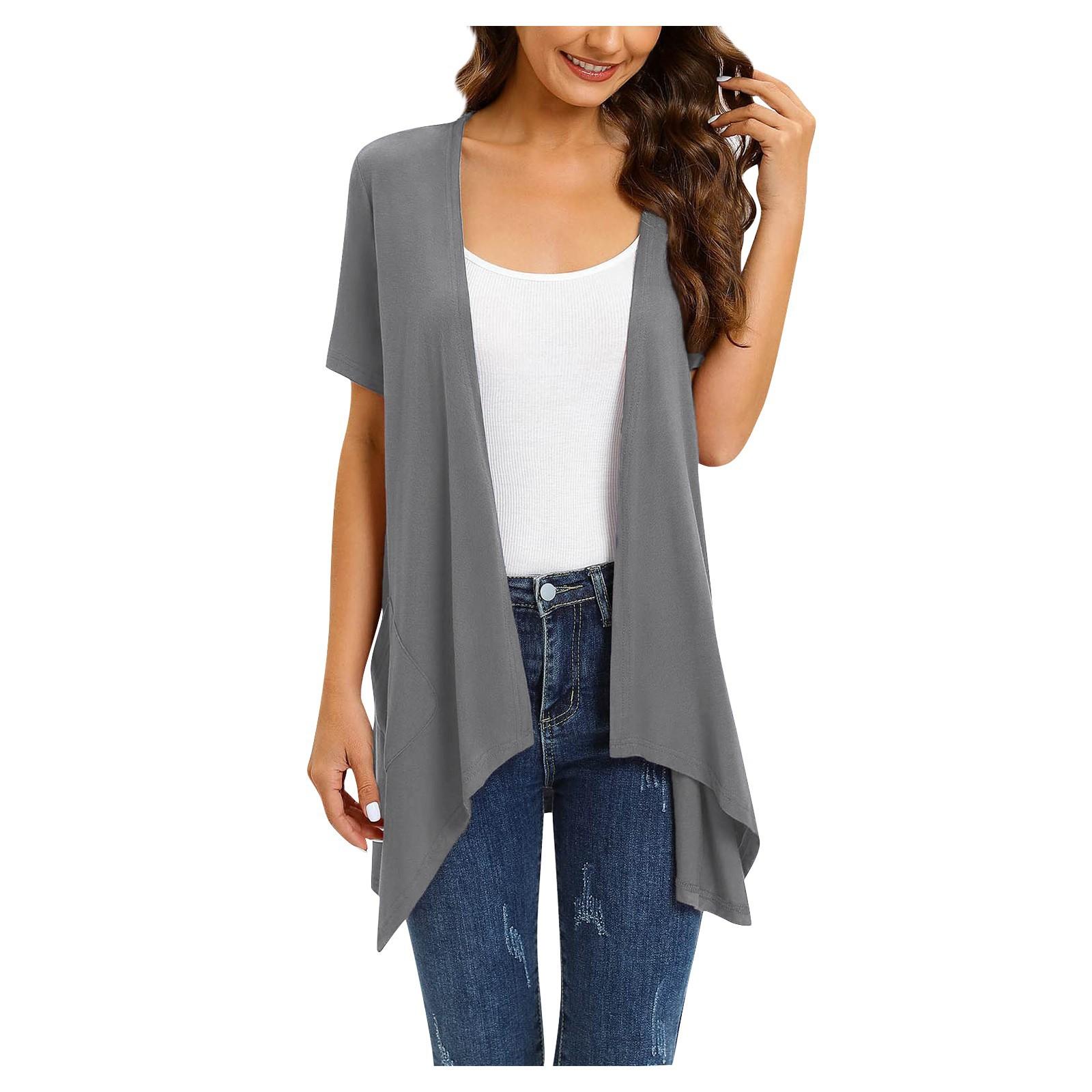 

Жіноче модне одноколірне пальто-кардиган з кишенею нестандартної форми з короткими рукавами XXXL