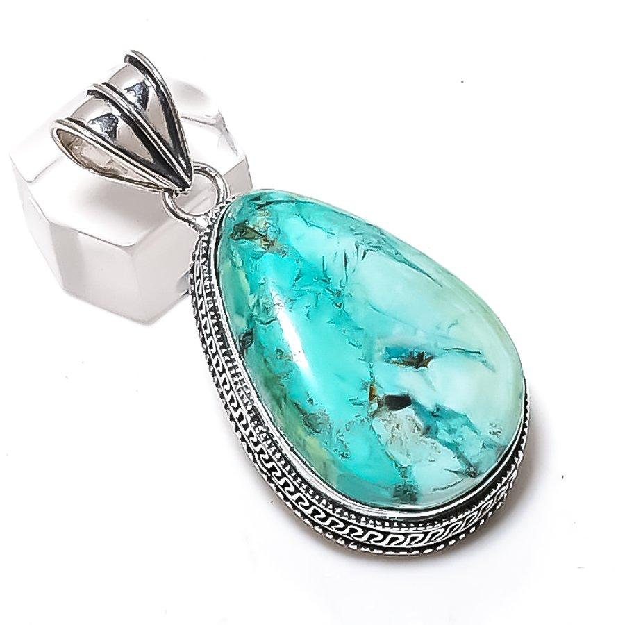 Tibetan Turquoise Gemstone Handmade 925 Sterling Silver Pendant 2.09" F1U23