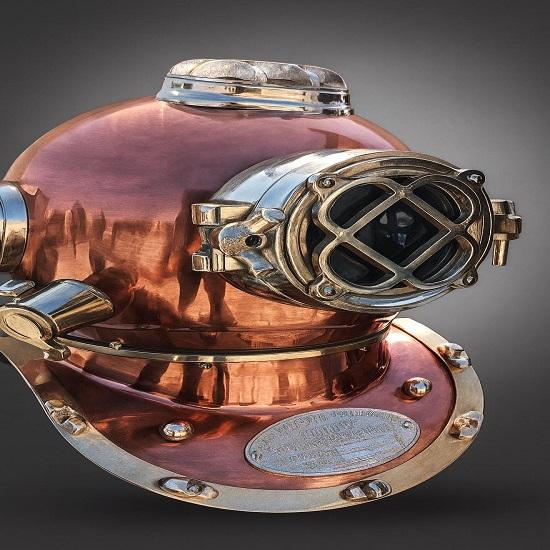 US Navy Mark V Scuba Divers Diving Helmet Copper Wood Base