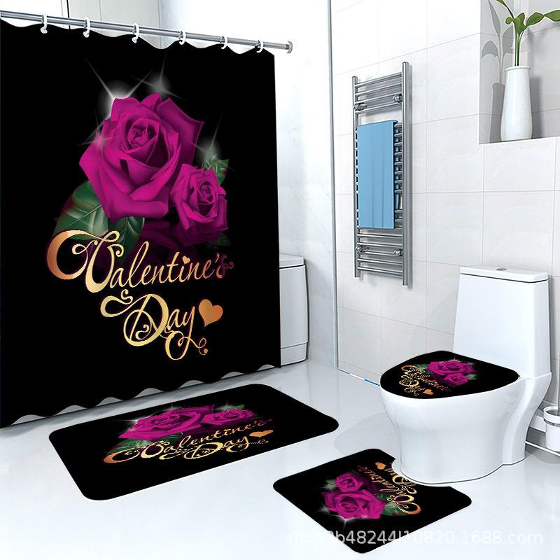 Direct Supply Digital Printing Rose Letter Bathroom Curtains Non-Slip Floor Mat Bathroom Four-Piece Combination Polyester