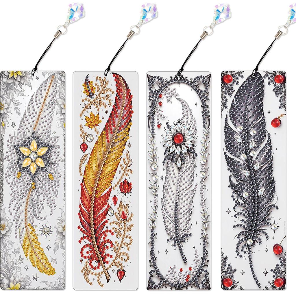 4Pcs Special Shape Beautiful Feathers 5D DIY Diamond Painting Bookmark DIY Bookmarks Diamond Painting Kits for Adults Beginners