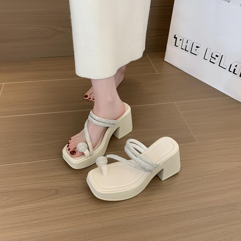 Square Head Rhinestone Thick-heeled Women's Shoes 2025 New Summer Thick-soled Set of Toes One-word Drag Foreign Trade Simple High-heeled Slippers