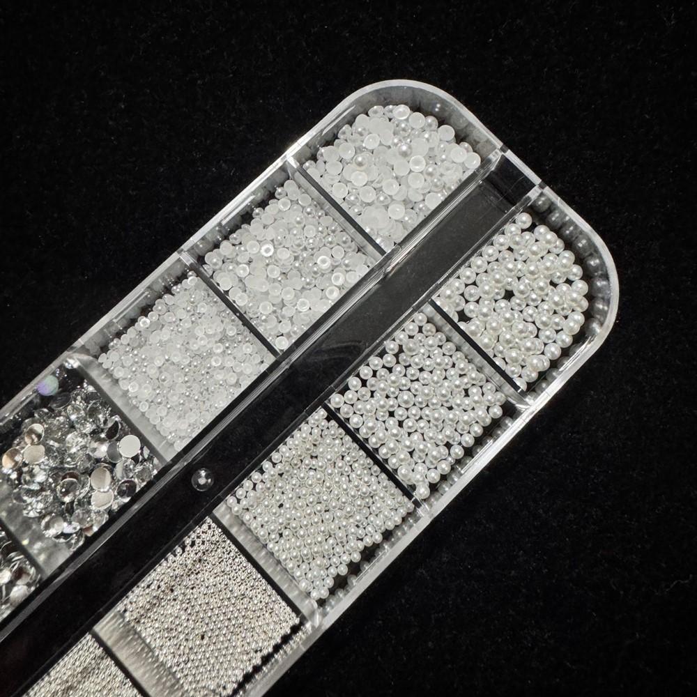 12grids White Mini Pearls & Silver Alloy Caviar Beads Nail Charms 3D Round Clear Nail Rhinestones Flatback Resin Nail Supplies