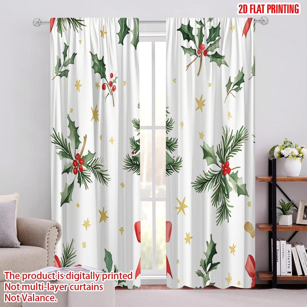 

2pcs,2D plane printing Creative Curtains Christmas Tree Bow Berry (3) Versatile Durable Polyester (without rod) Decorations For 52.50 × 116.00 cm 2 pcs
