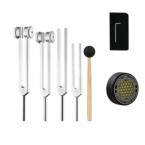Doueh Healing Set Tuning Forks, 128Hz, 136.1Hz, 256Hz, 384Hz, with Hockey Puck Activator, for Chakra and Sound Therapy