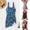 Traje de baño para mujer, cuello en U, sin mangas, acolchado, vestido de baño con nudo lateral, dobladillo irregular, estampado floral, monokini