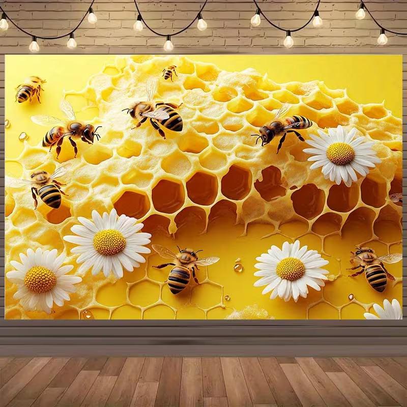 

2D Honeycomb Bee Background Cloth, Washable Yellow Bee and Daisy Backdrop for Bee Themed Party Photo Booth 47.2x31.5inch/120*80cm