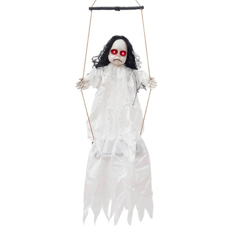 Halloween Hängende Mädchenfigur mit beleuchtetem Gesichtsdetail, Seilschaukel-Dekoration für Veranda-Eingang, Partybereich, Gartenakzent