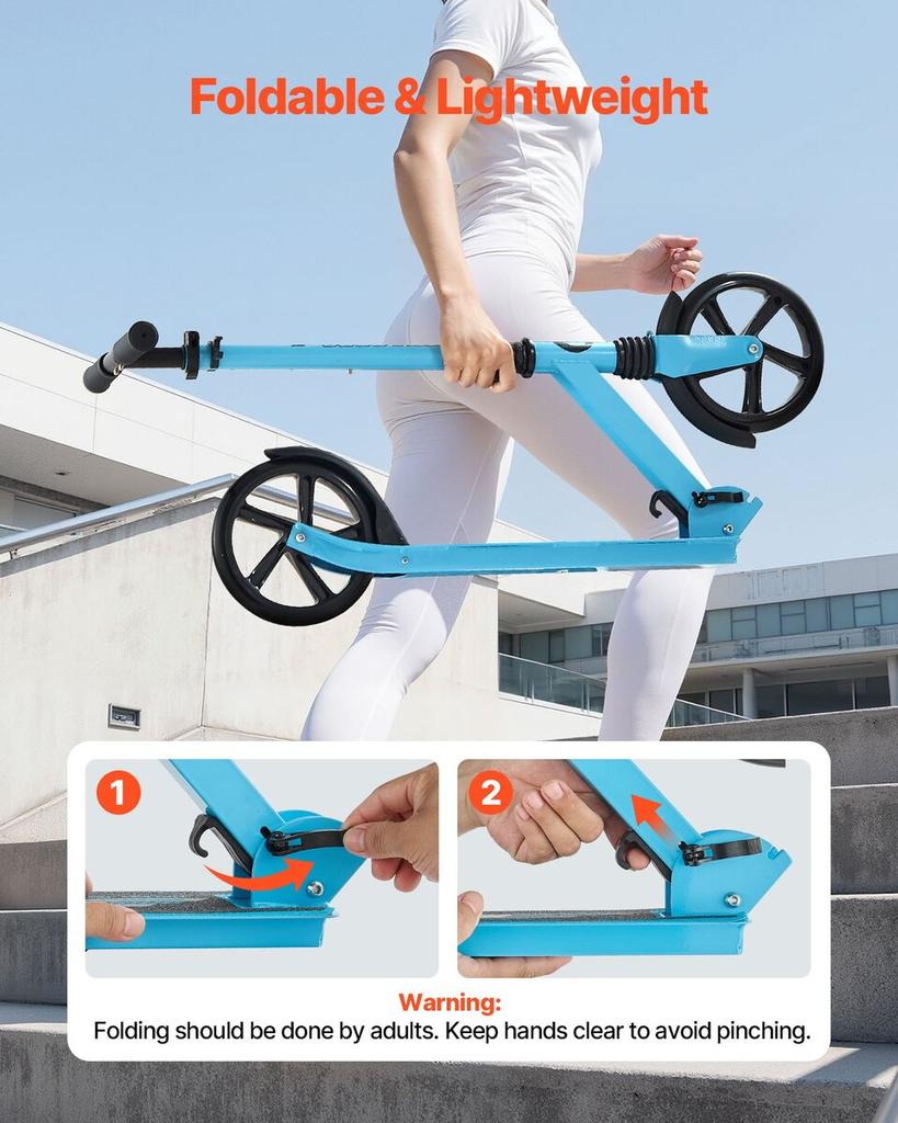 Kick Scooter for Kids Ages 8+, Teens & Adults, 2-Wheel Toddler Scooter with Adjustable Height Handlebar, Wide Anti-Slip Deck, Foldable Lightweight for