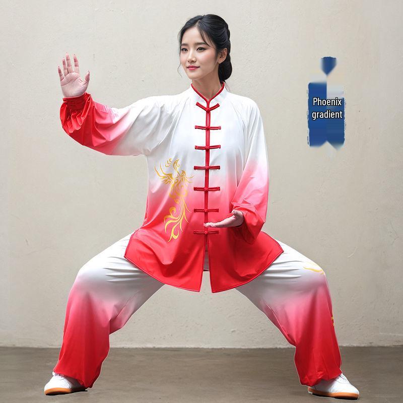 Blue & White Porcelain Gradient Tai Chi Suit: Embroidered Performance & Practice Attire for Women & Men.
