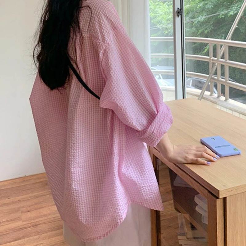 Women's Summer Korean Long Sleeves Sunscreen Shirt Loose Casual Sweet Single Breasted Turndown Collar Tops