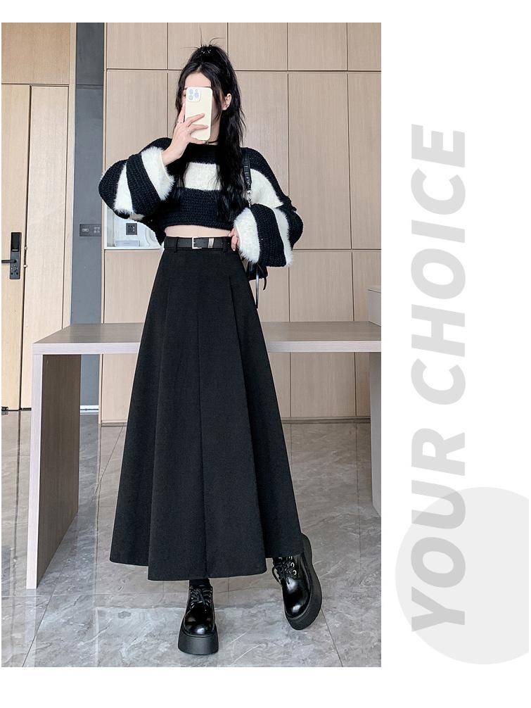 2025 Autumn/Winter Women's High-Waist Grey Wool Pleated Mid-Length A-Line Skirt