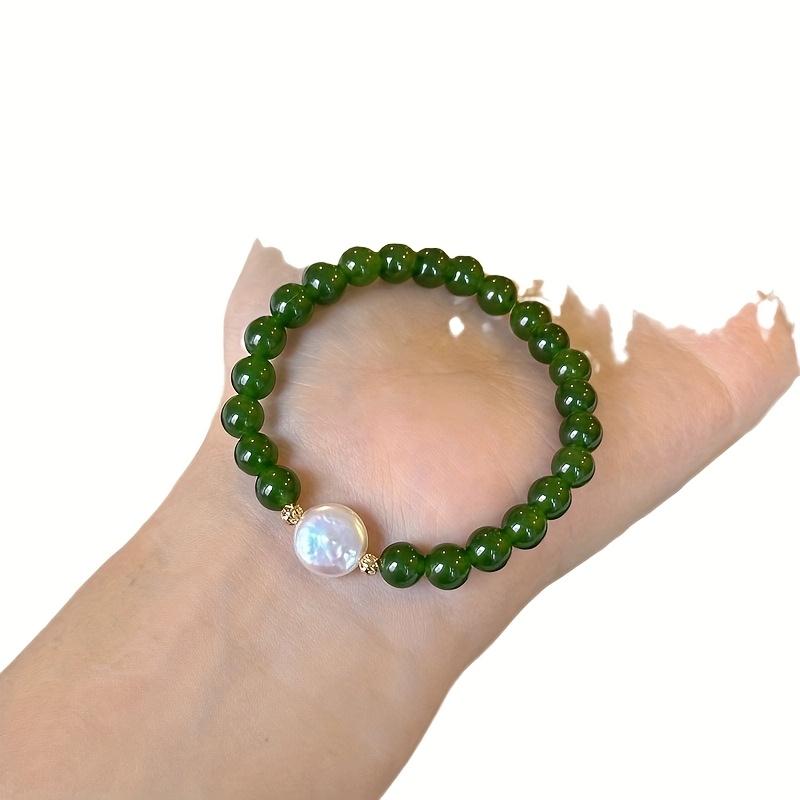 

Natural Freshwater Pearl Button Beads, Green Agate Chalcedony Beaded Chinese Style Bracelet, Valentine s Day Gift 6mm зелений