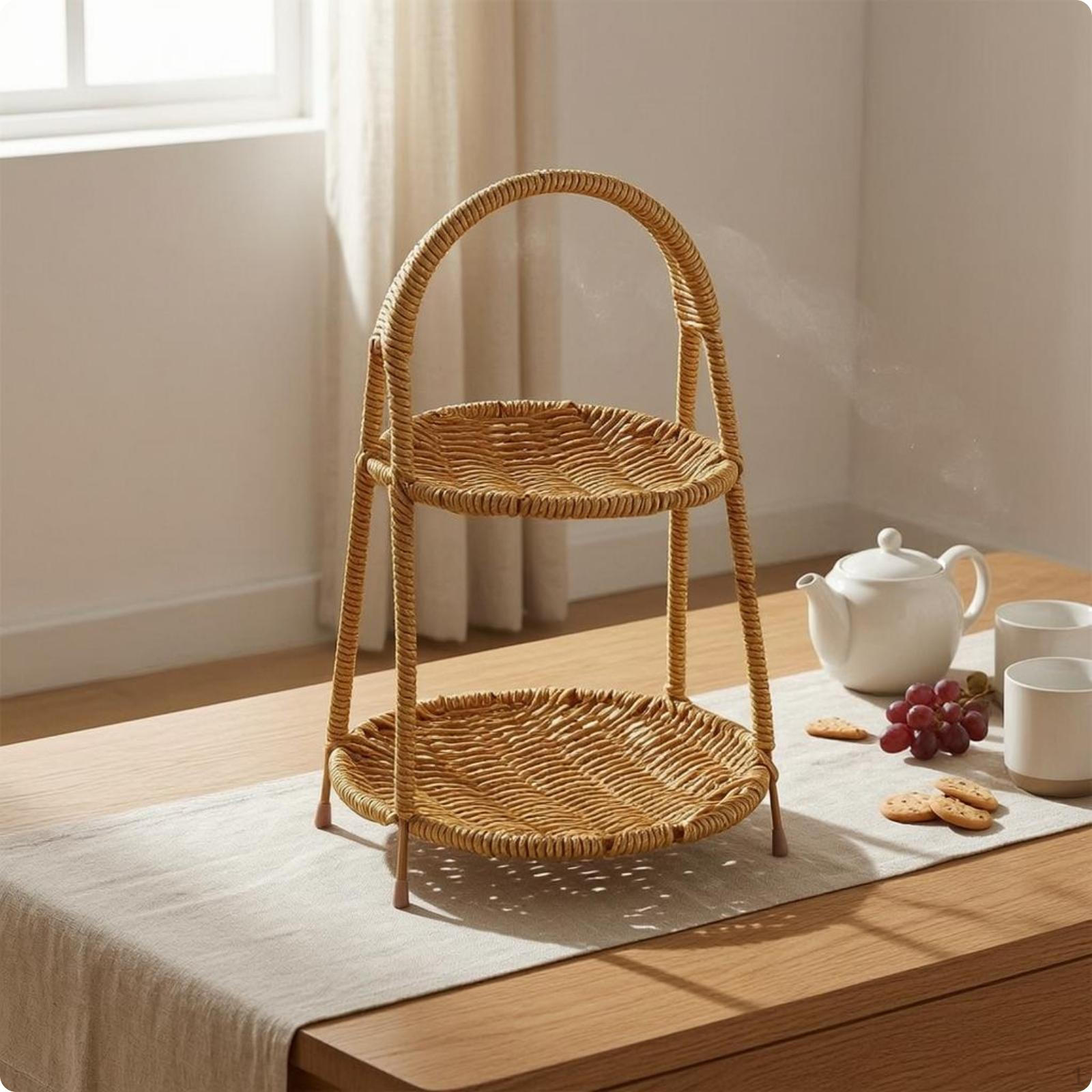 Tiered Rattan Tray Rack Handmade Braided Wicker Storage Open Weave Interlaced Container Yellow Weave 2-tier