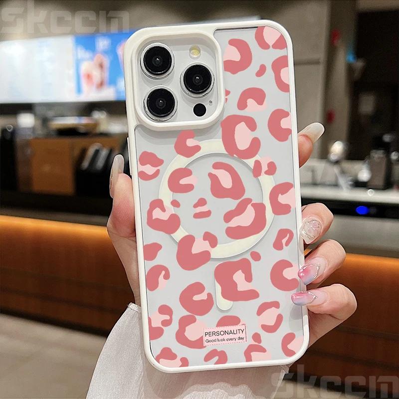 Leopard Print Clear Phone Case For iPhone 16 15 14 13 12 11 Pro Max Plus XS XR 16E Matte Magnetic Wireless Charge Cover