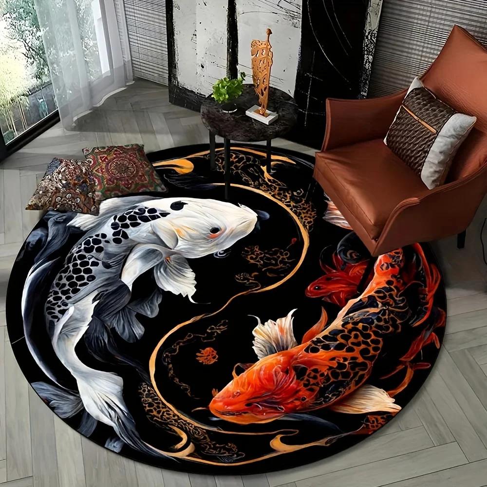 Yin Yang Round Rug Non-Slip Machine Washable Rug with Sakura Goldfish Dragon Lion Cat Tree Design for Living Room Bedroom