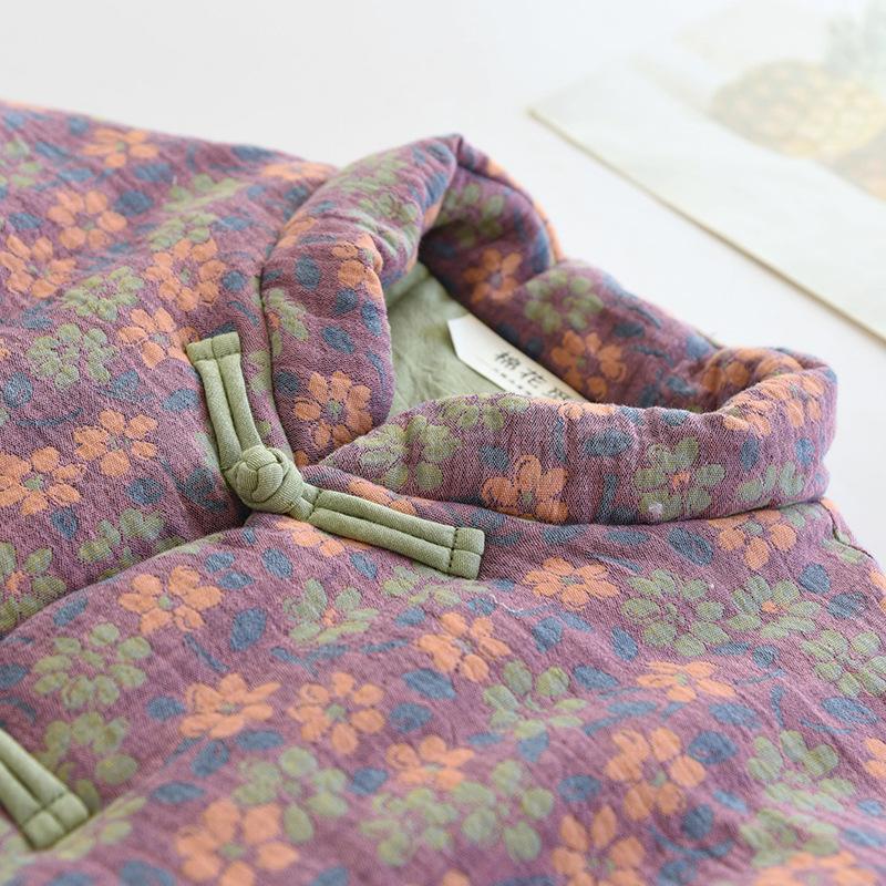 Women's Floral Print Stand Collar Cotton Padded Coat Chinese Frog Button Quilted Winter Jacket