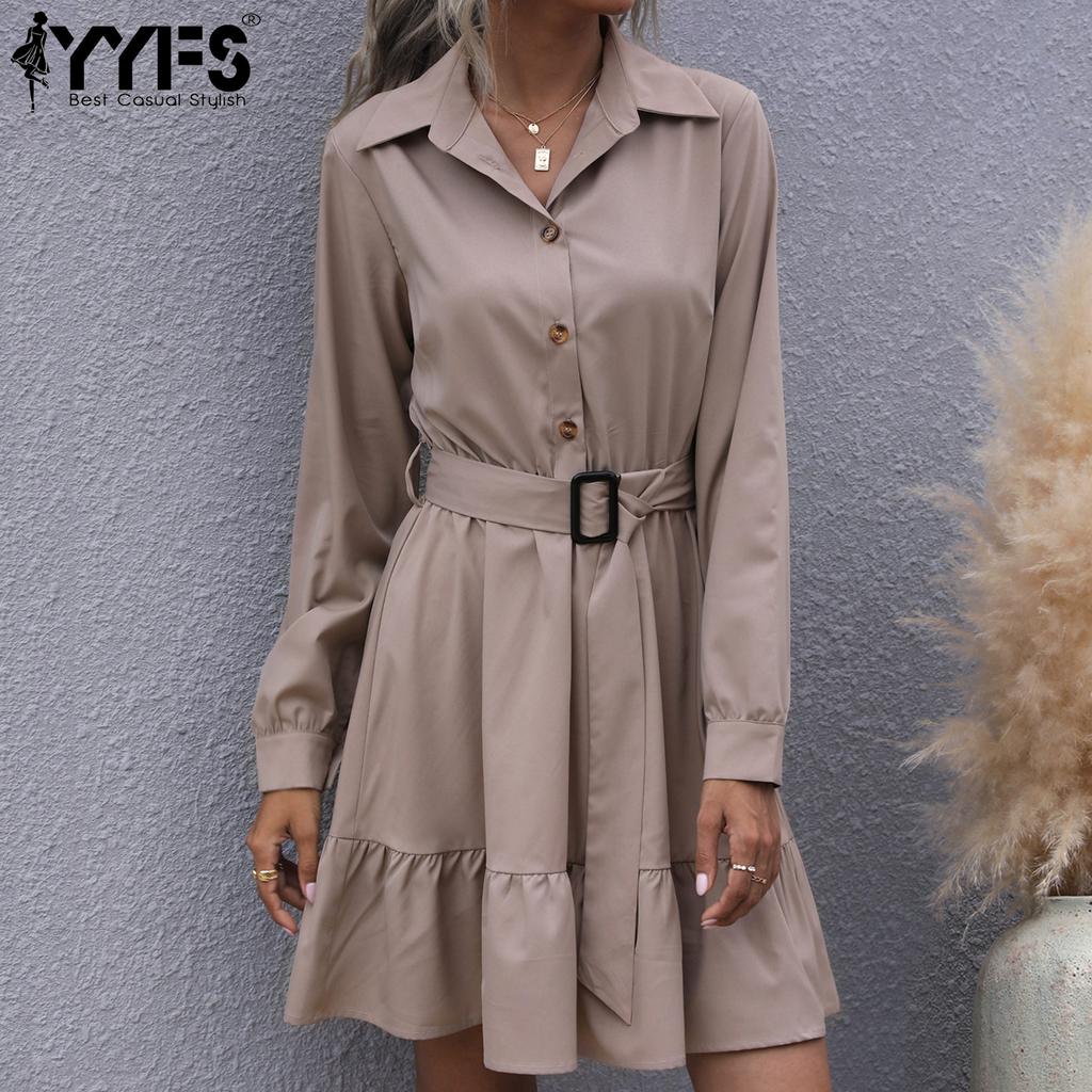 YYFS Women's Fashion Summer Spring Solid Color Print Long Sleeve POLO Neck Casual Dresses