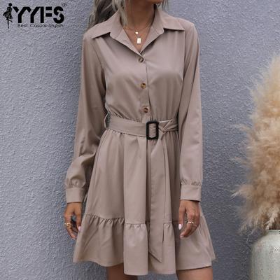 Moda feminina verão primavera cor sólida estampa manga comprida gola polo vestidos casuais
