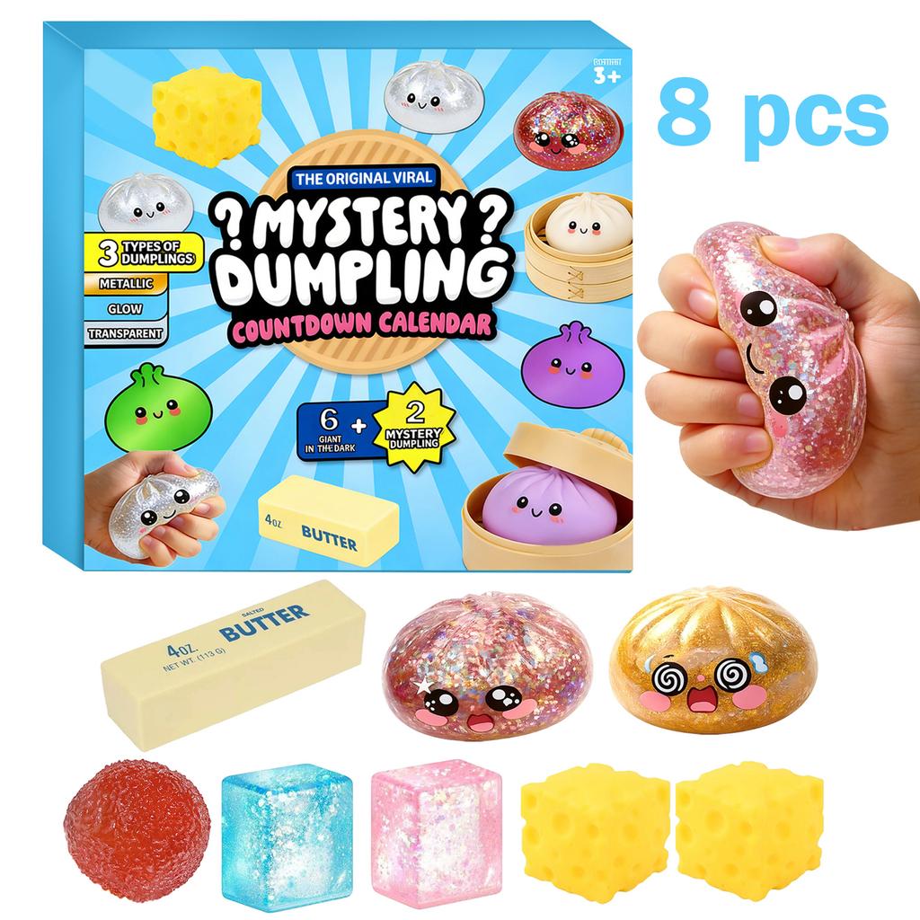 Mystery Dumpling Countdown Calendar 8 Piece Set with 3D Squeeze Toys and Blind Box Advent Calendar for Kids and Adults