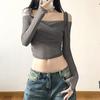 Solid Slash Neck Crop Tops Sexy Off Shoulder Straps Long Sleeve T-Shirts Slim Mesh Tees Y2K Streetwear Women