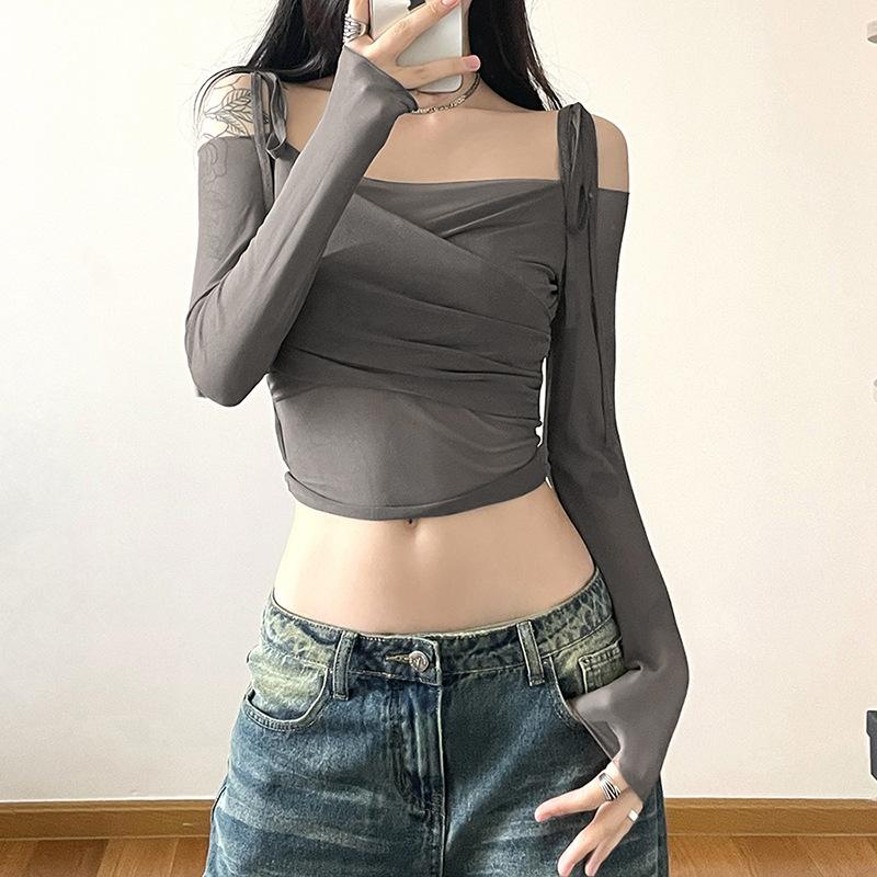 Solid Slash Neck Crop Tops Sexy Off Shoulder Straps Long Sleeve T-Shirts Slim Mesh Tees Y2K Streetwear Women