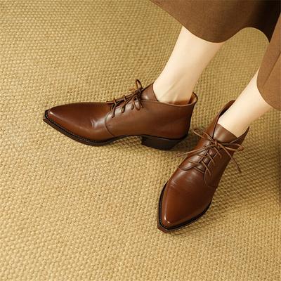 Fashion New Autumn/Winter Genuine Leather Women Shoes Pointed Toe Chunky Heel Ankle Boots for Women Lace Short Boots Zapatos De Mujer