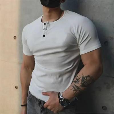 Maglietta Henley retrò in cotone da uomo - Filato grosso 230 g, tinta unita, top fitness a maniche corte
