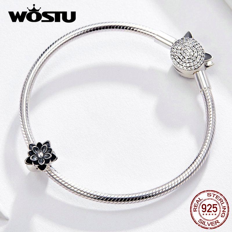 WOSTU Klassiske Lotus Blomsterperler 925 Sterling Sølv Svart Emalje Fit Originalt gjør-det-selv-armbånd