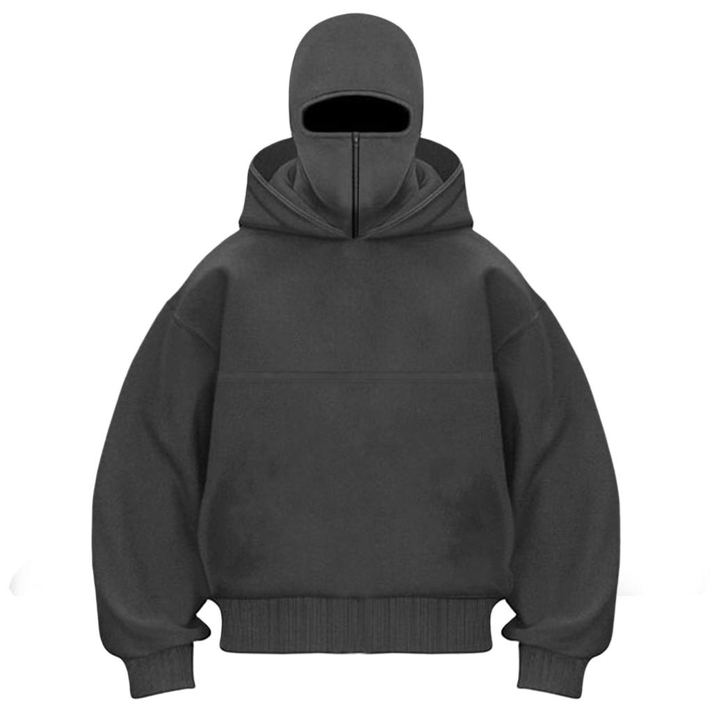 Unisex Street Style Double-Layer Hooded Zipper Jacket with Face-Covering Mask Design