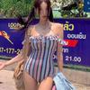 One-piece triangular swimsuit women's striped ins conservative belly cover and thin 1011 new vacation swimsuit