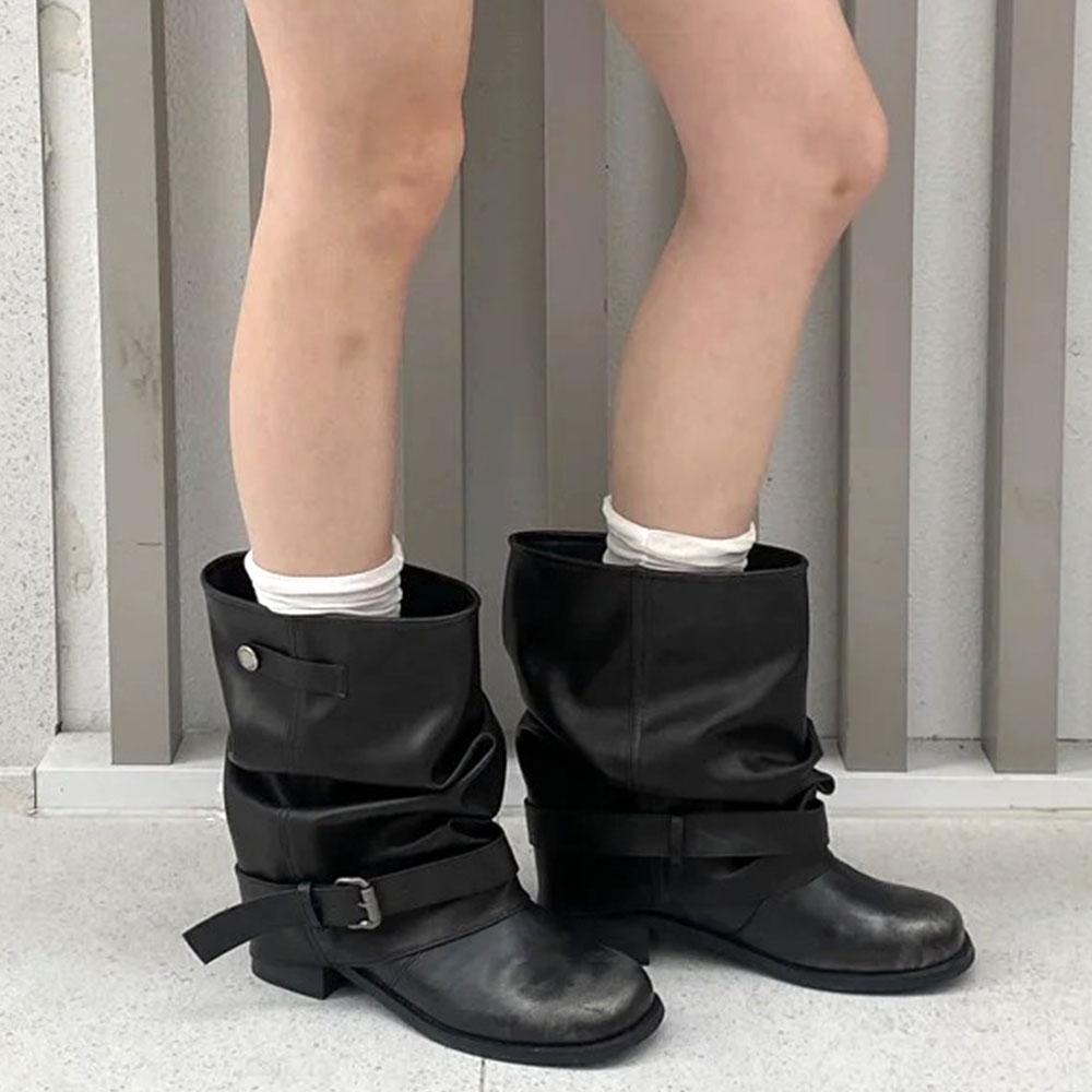 Women Boots Fashion Stack Pleated Design Women Ankle Boots Vintage Western Cowboy Boots High Quality Soft Leather Casual Booties