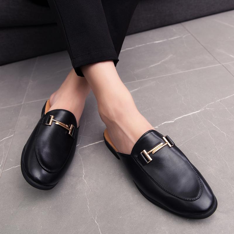 2026 Open-back Slide Sandals Half Shoes For Men Outdoor Mules Homme Leather Backless Loafers Slippers Men Casual Shoes Moccasins