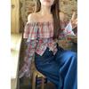 Plus Size Retro Plaid Flared One-Shoulder Top with Long Sleeves
