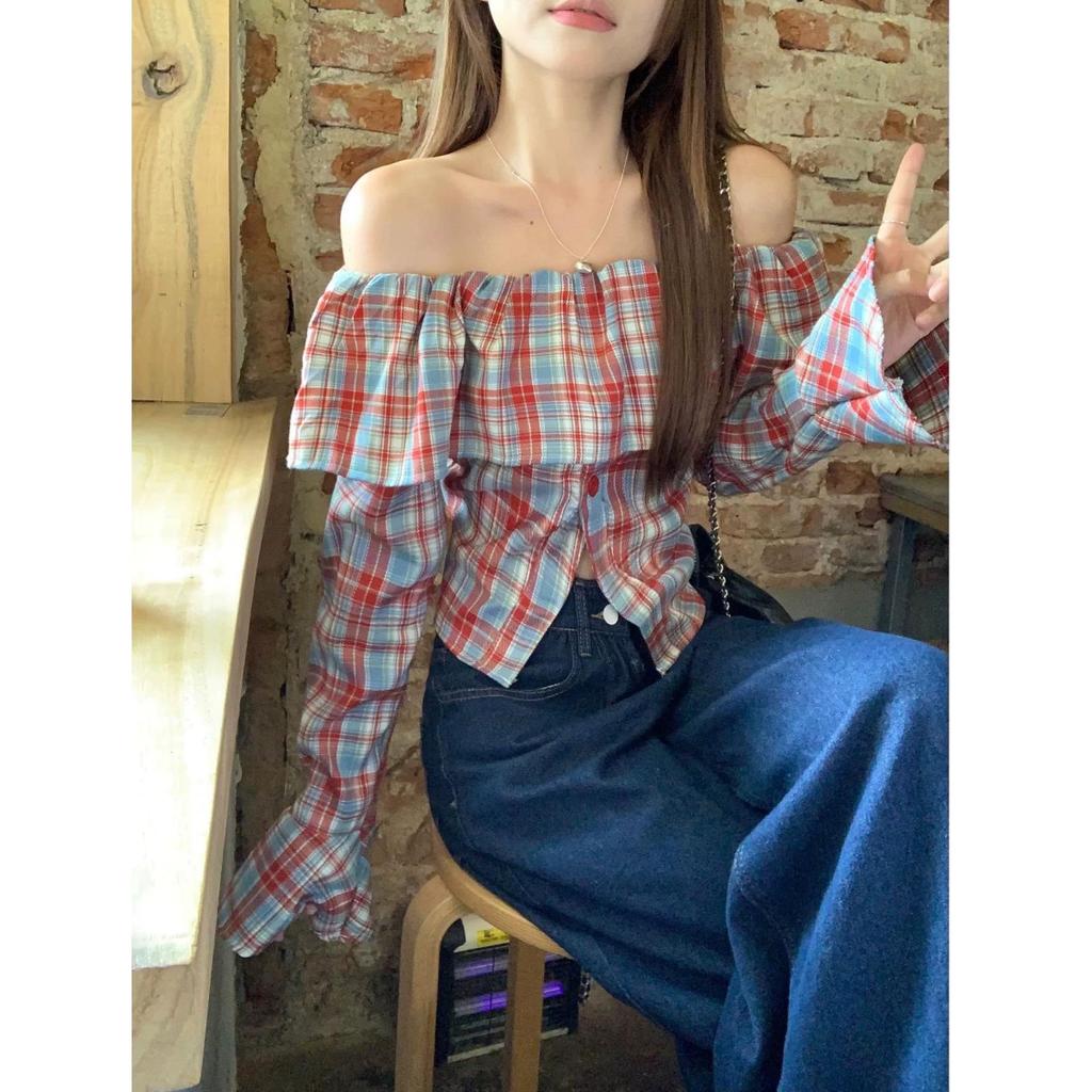Plus Size Retro Plaid Flared One-Shoulder Top with Long Sleeves