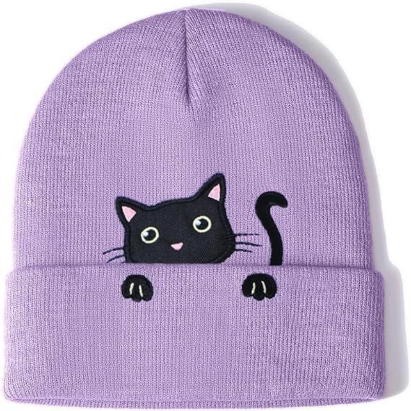 Winter Female Cat Embroidered Bonnets Cute Cat Acrylic Knitted Hats Soft Warm Beanies For Women Men