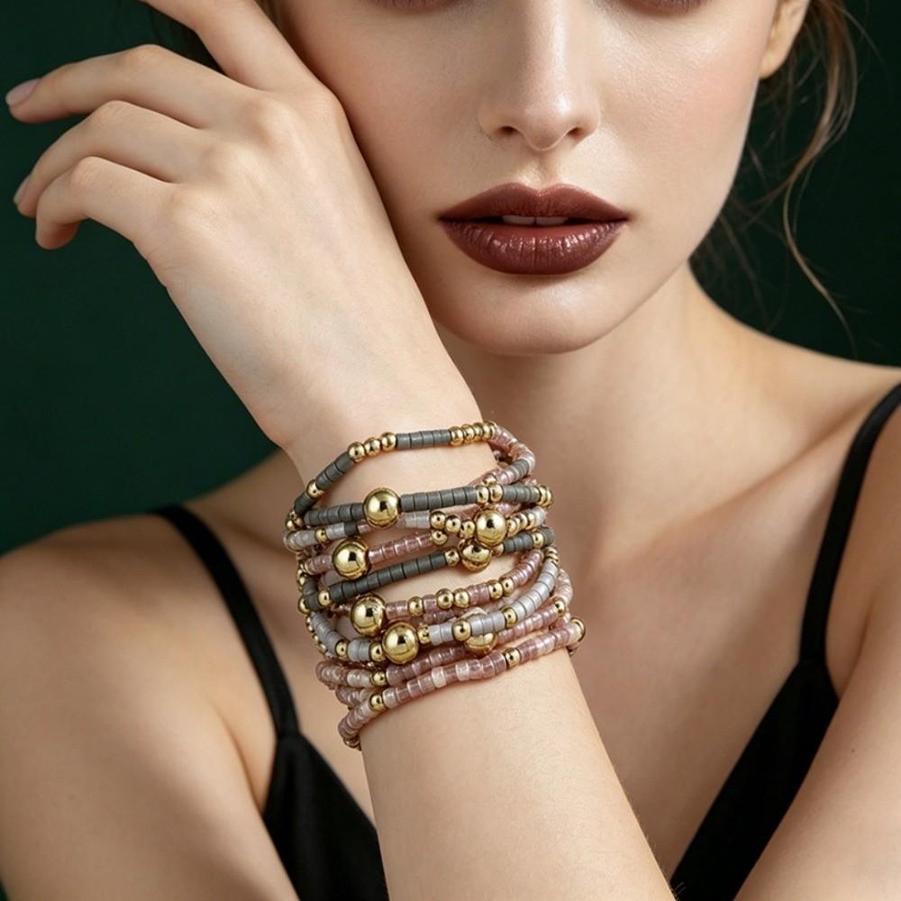 9pcs Set Multi-Layer Handmade Bracelet Set Elastic Bead Bangle Set Women Daily Wear